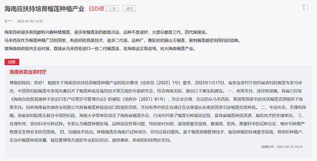 人民網留言板:海南應扶持培育榴蓮種植產業 海南榴蓮種植面積多少畝?普通農民能大規模種植嗎?